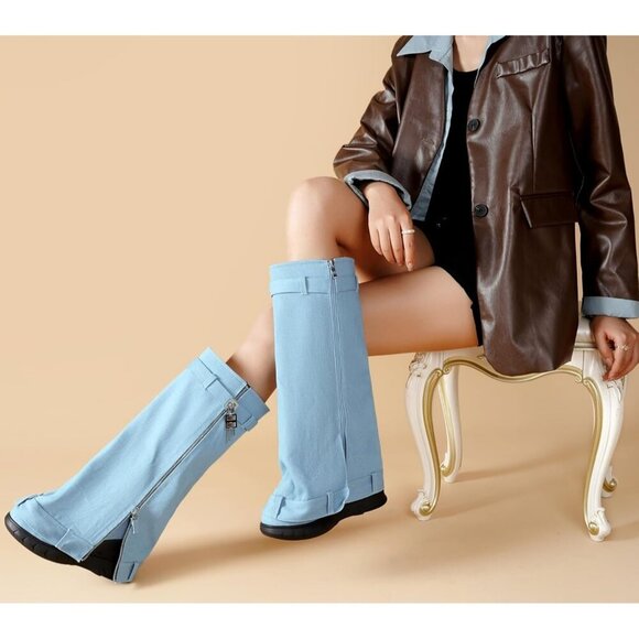 Women Denim Blue Pointy Pull-on Wedge Heel Knee Shark Padlock Design Shark Boot - Picture 3 of 6